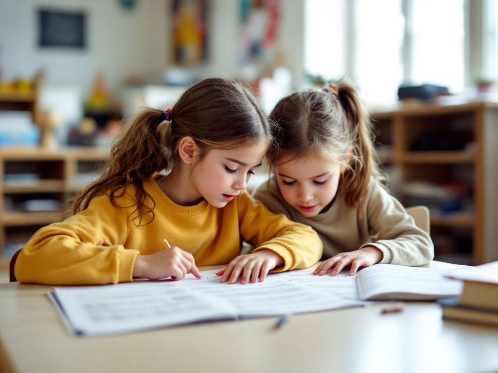 Two students reading and discussing a problem together at a table.
