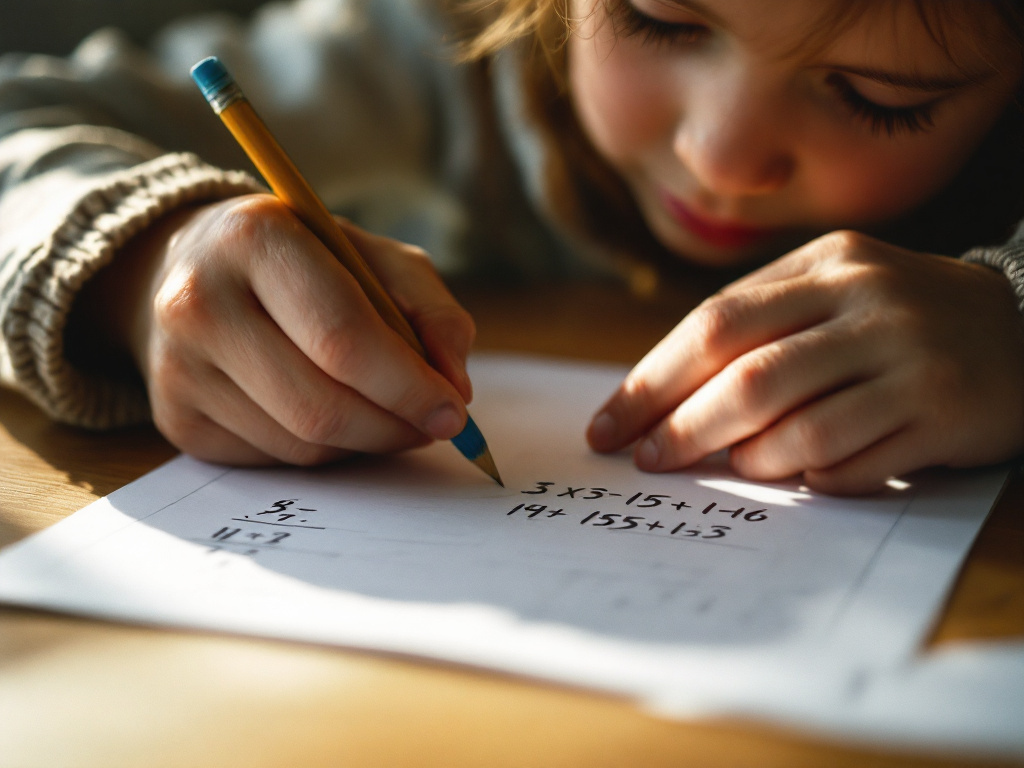 A child's hands working through a math problem on a worksheet with a pencil.