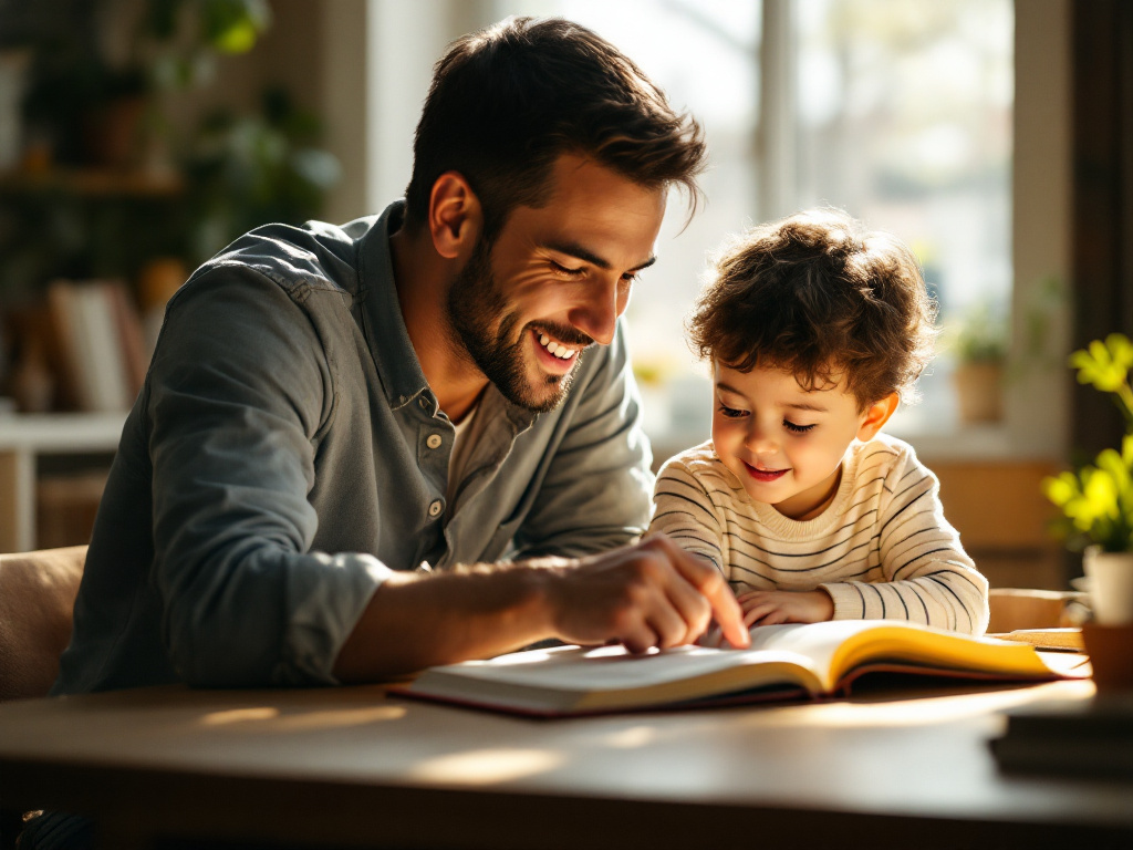 Adult and child engaged in discussion while reading from a physical book together at a table.