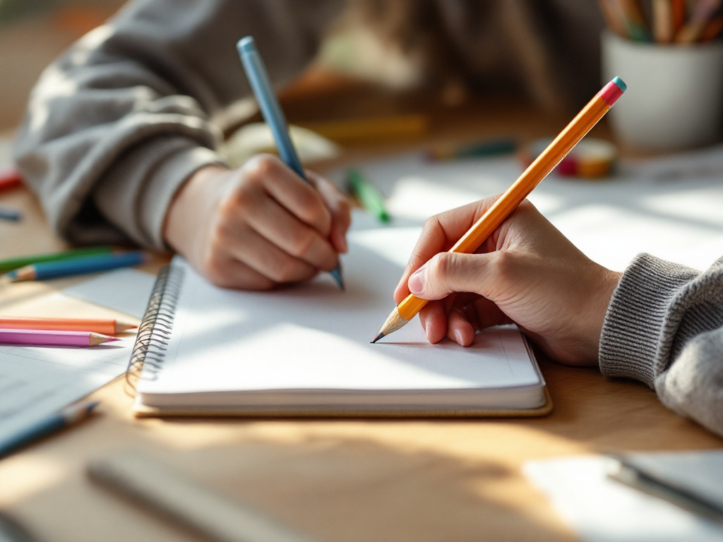 A child's hand writing and sketching in a notebook with other learning materials spread across the desk.